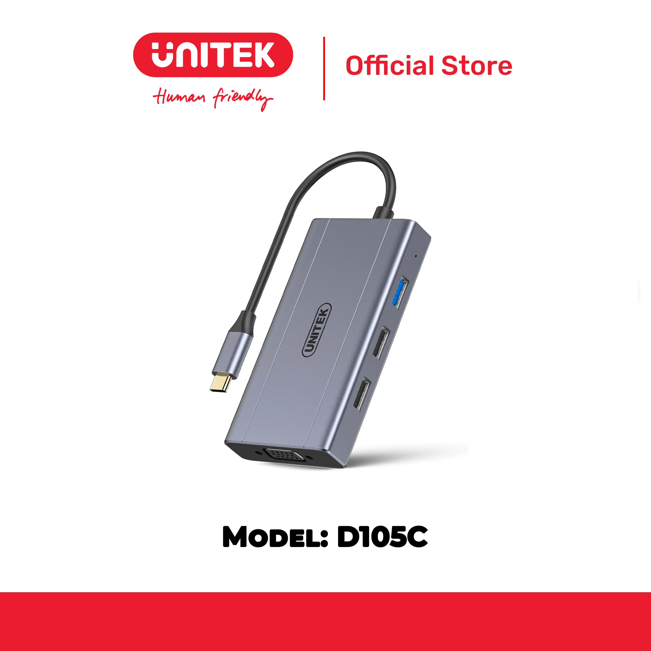 Bộ chuyển đổi 7 cổng Type-C ->USB + HDMI 4K@30Hz + VGA 1080p@60Hz+ RJ45 + PD100W UNITEK D105C