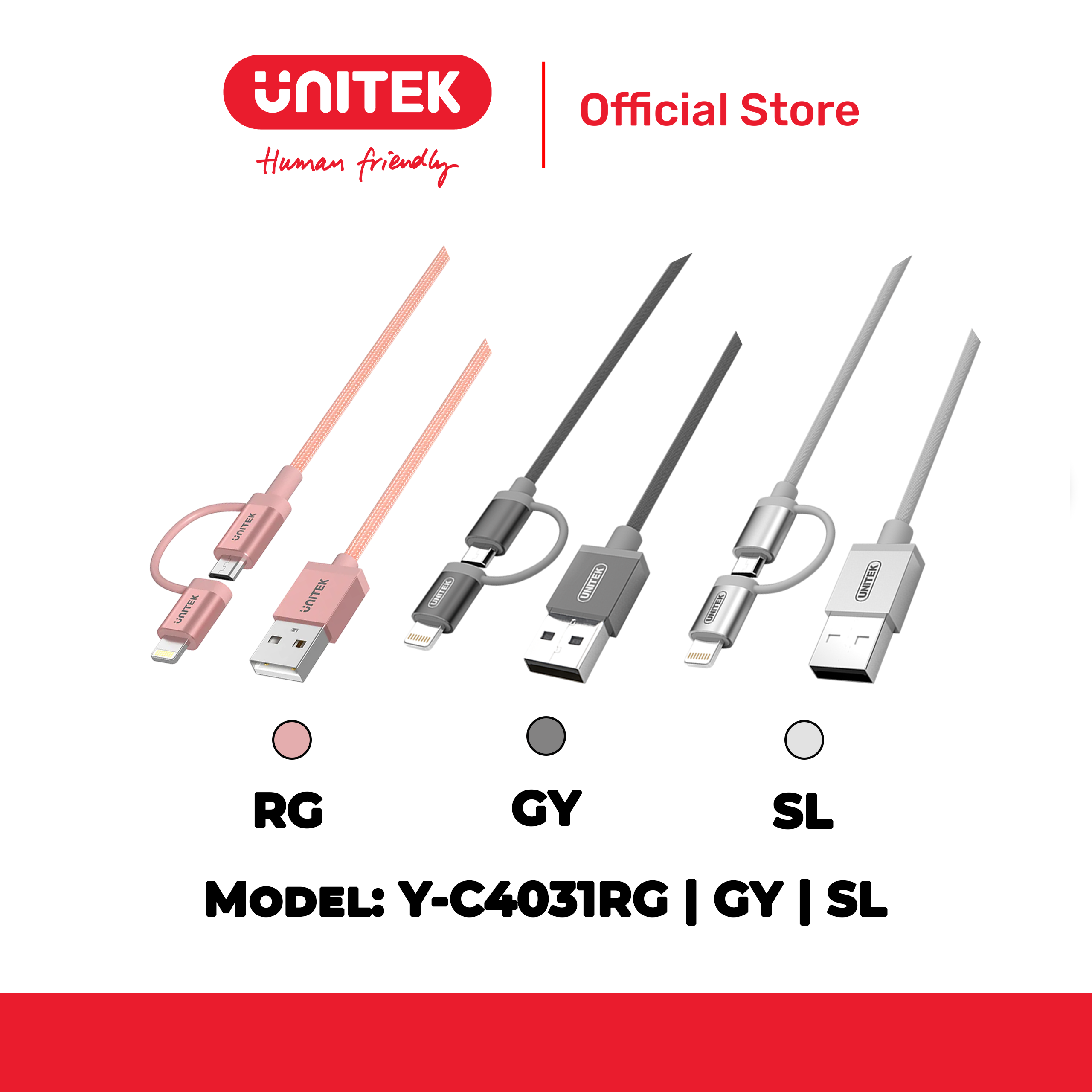 Cáp USB 2.0 -> Lightning + Micro USB 3 màu UNITEK Y-C4031